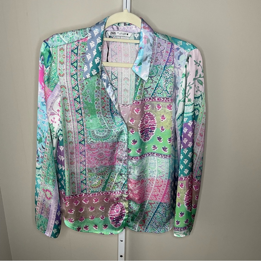 ZARA Patchwork Print Button Up Blouse Boho Long S… - image 1